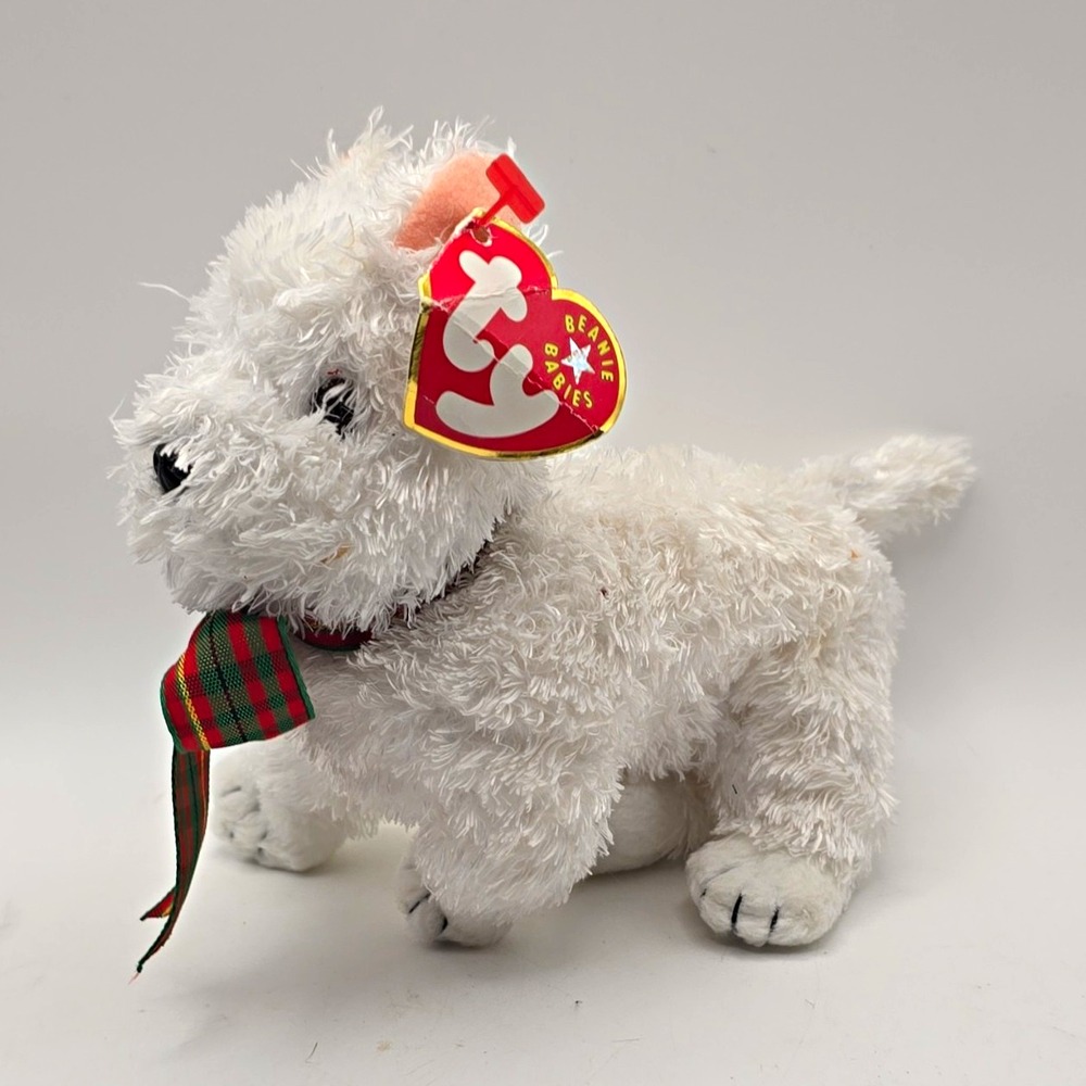 Ty Beanie Babies Kirby White Cat Beanbag Plush w/ Plaid Ribbon 2001